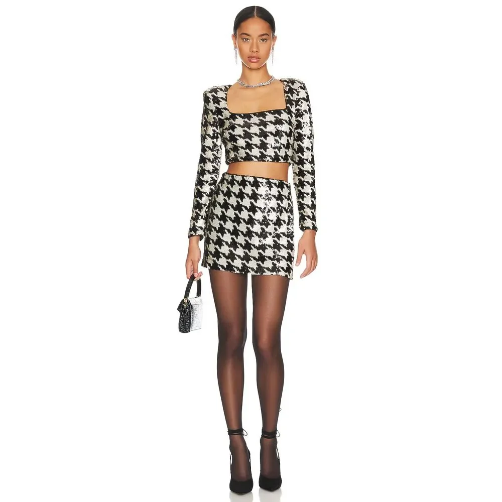 NWT ASTR the Label Darby Sequin Houndstooth Print Top & Mini Skirt Set Size: M - Picture 1 of 8